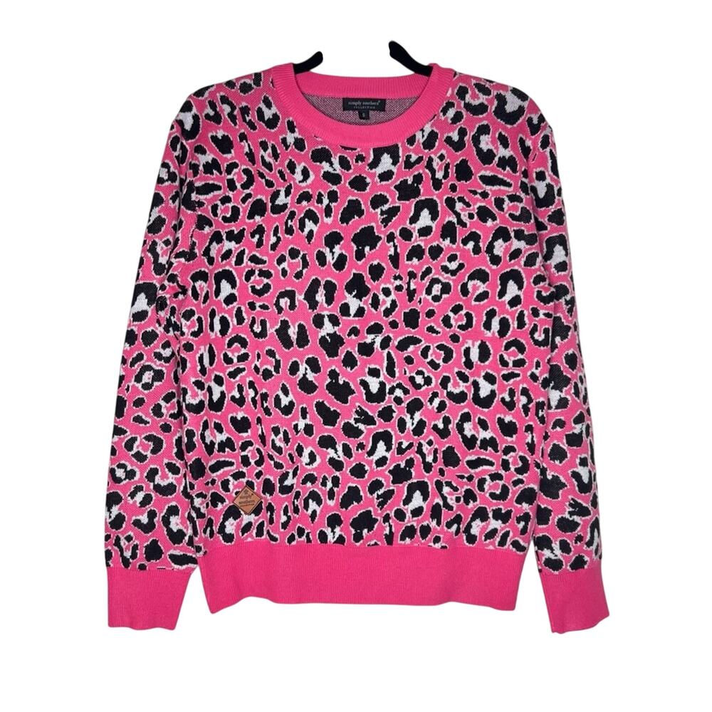 Simply Southern Pink Black Leopard Print Crewneck Sweater Womens Size Small